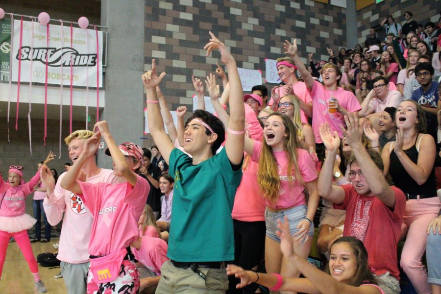 Junior students in the first few rows celebrate winning a round in the object competition.