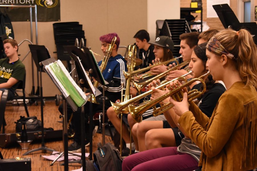 Students in the back section practice to perfect the song during period 3.
