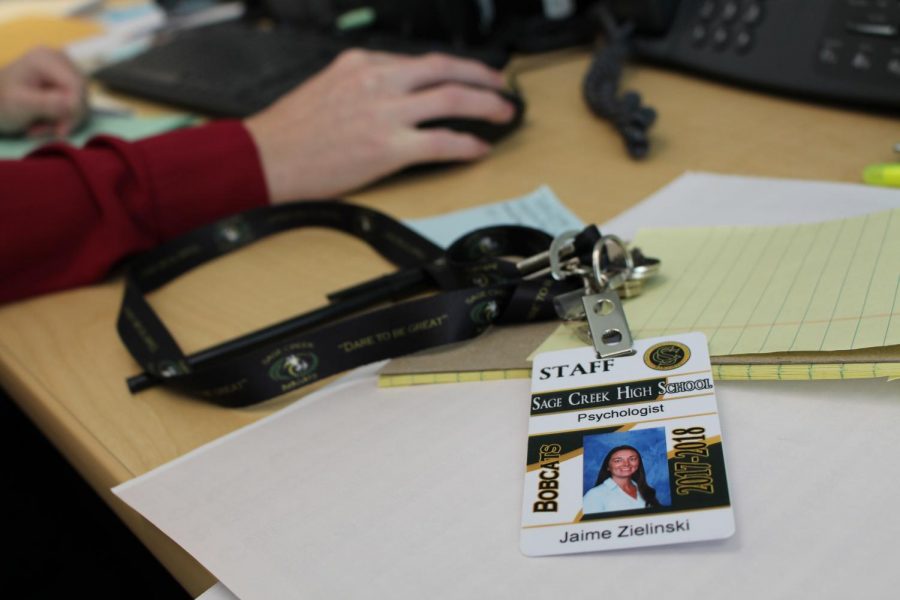 Jaime Zielinski works at her desk as Sage Creek’s school psychologist for the 2017-2018 school year. She currently works across from the counselors in the office.