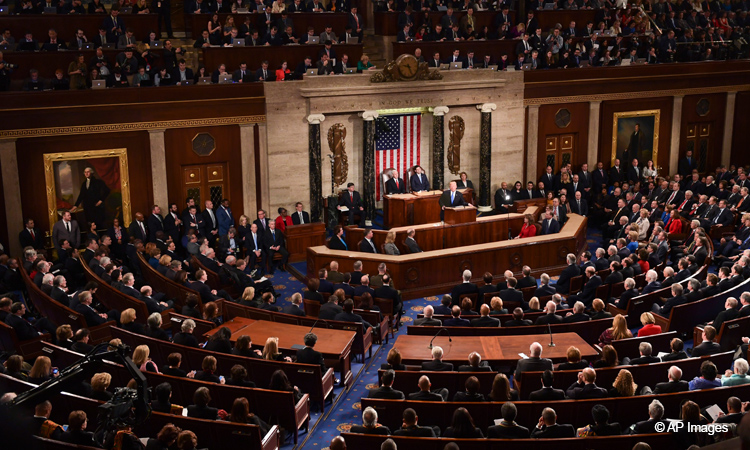 The House of Representatives chamber of the Capitol building during the State of the
Union address. Democrats occupy the left side from the camera’s perspective, and Republicans
occupy the right. Courtesy of AP images and the U.S. Embassy at Uruguay website.