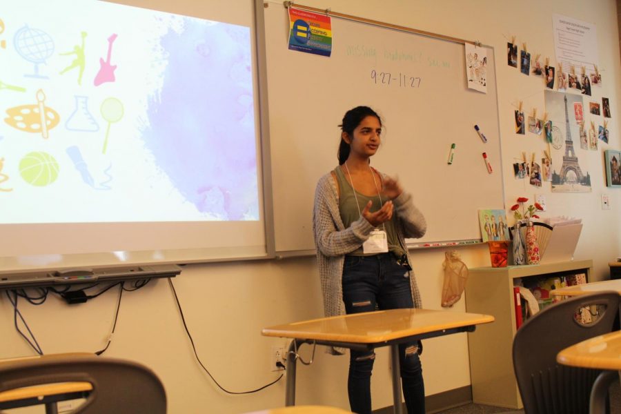 Junior Ananya Thyagarajan graces the rest of the students with her Genius Project titles "Trading Talents" at the forum on Thursday.