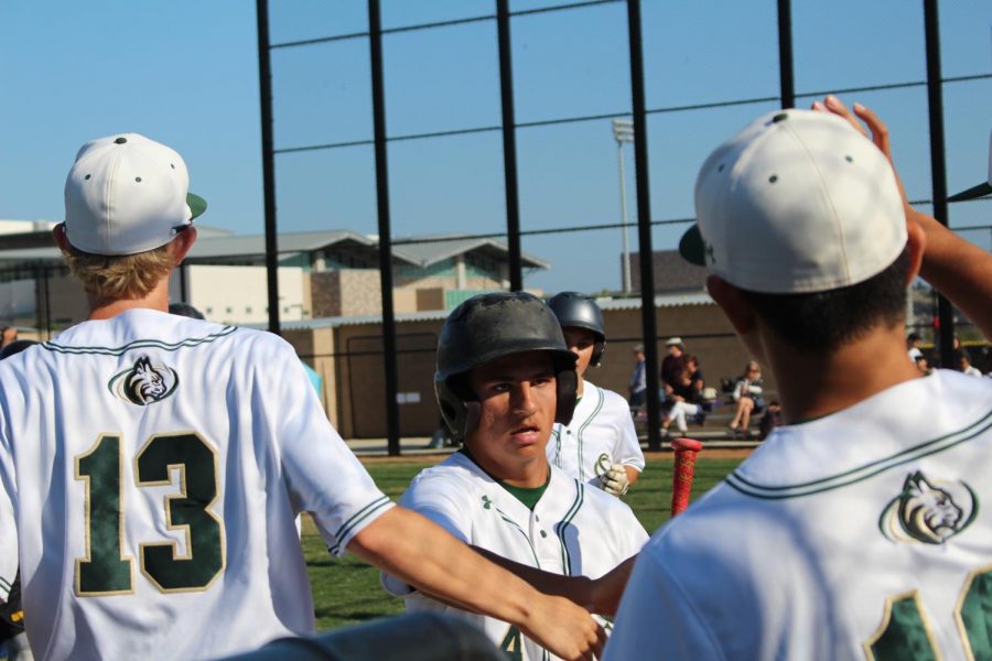 Junior Jake Gutierrez runs into the dugout, cheered on by his teammates after scoring a run. Sage Creek ended up defeating Carlsbad 6-3 after a hard fought game.