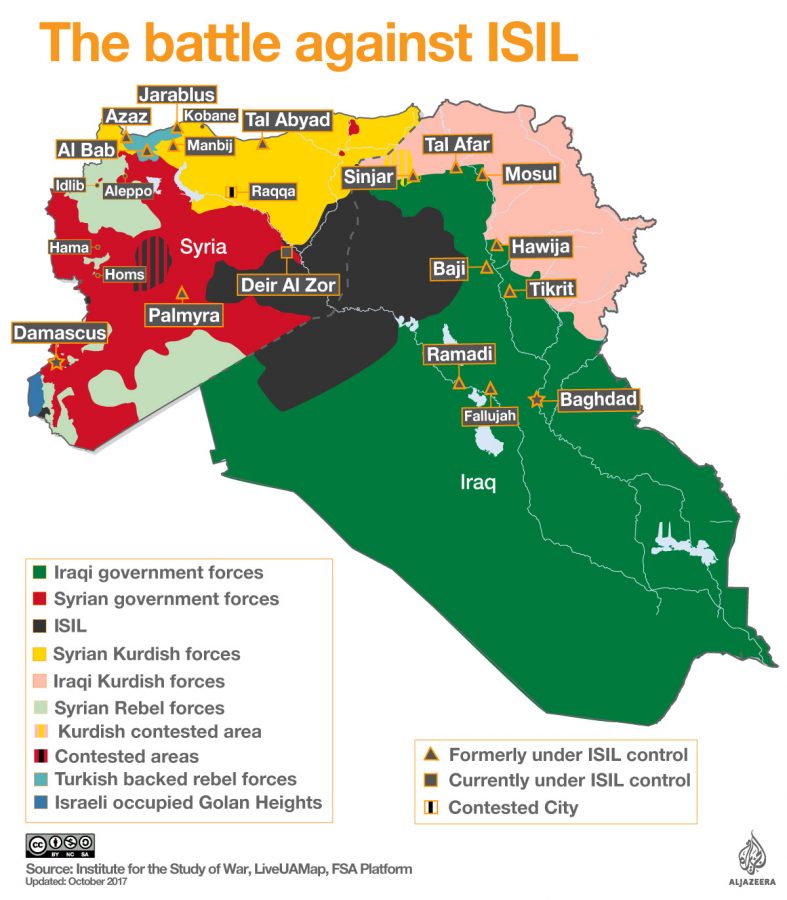 These are the current factions fighting for control and which part of the land they own. ISIL has been pushed back to a fraction of their previous size.