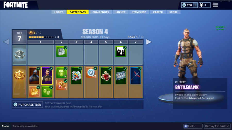 the first seven tiers of the season four battle pass the battle pass is an opportunity for players to gradually acquire new skins and other cosmetic items - fortnite season four