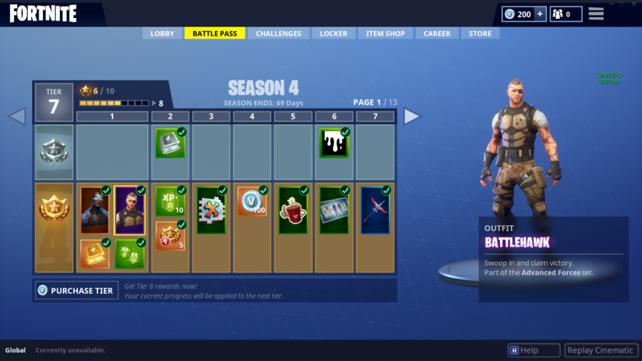 the first seven tiers of the season four battle pass the battle pass is an opportunity for players to gradually acquire new skins and other cosmetic items - fortnite new season 4