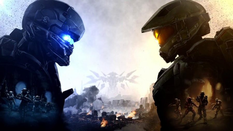 Spartan Locke(left) and Master Chief(right) look each other in the eyes overseeing a battlefield with their respective fireteams on each side. The staring suggests tensions between the two which ultimately lead to a battle between Locke and Chief near the end of ¨Halo 5: Guardians.¨