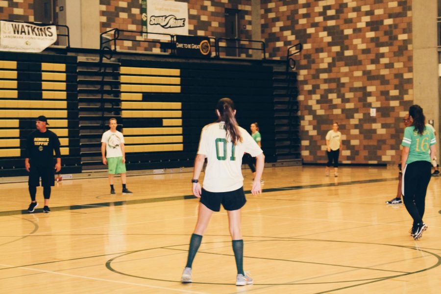 English teacher Sarah Hunter practices for the final game against the students. The Detention Room defeated the students with a score of 21-14 in this years Flag Football Tournament. 