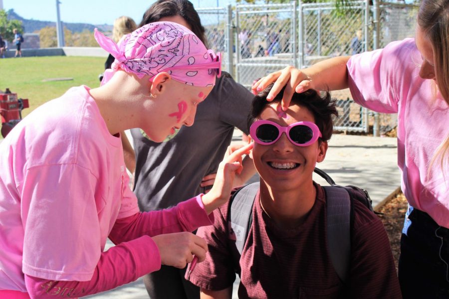 Sophomore Charissa Feldmann paints fellow sophomore Erik Larsen's face for the Pink-out spirit day. 