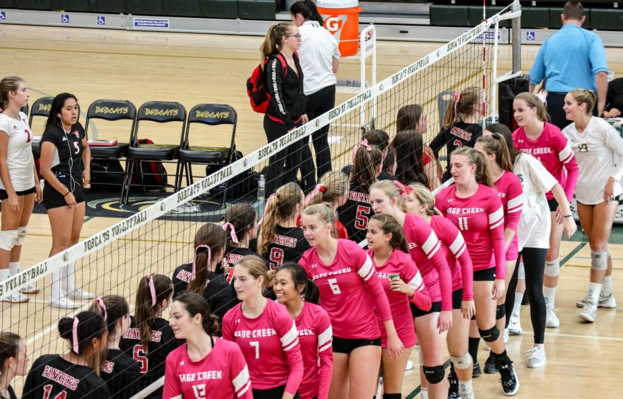 Sage Creek’s girl’s varsity volleyball team shakes hands after their win against opponent Vista High School.  Members of the team wore pink jerseys in support of Breast Cancer Awareness Month.