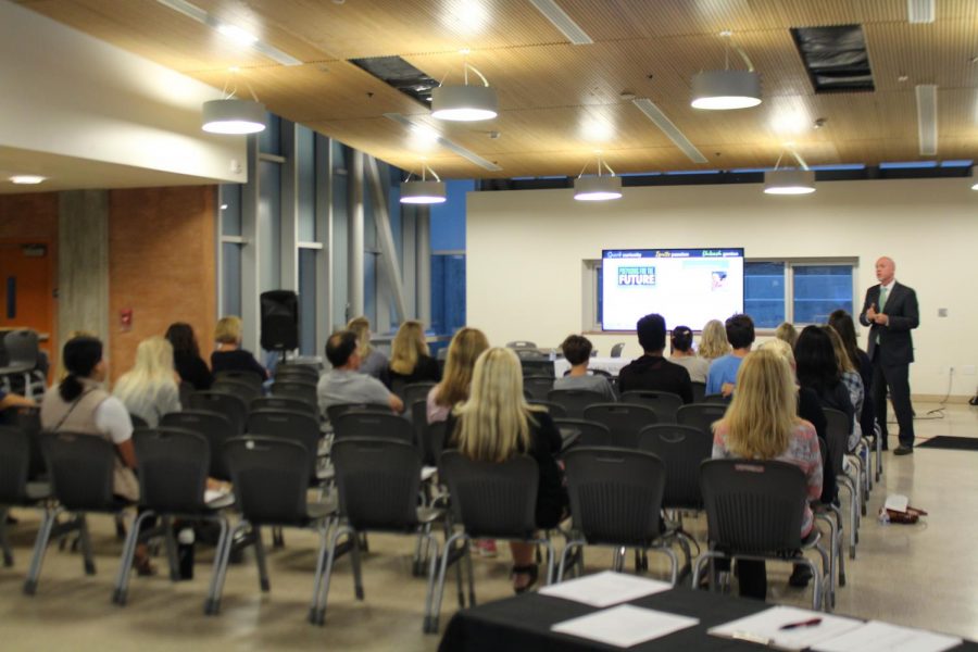 Superintendent Churchill transitions to a slide discussing the future of the Carlsbad Unified School District. This segment was one of many focused on the long-term financial goals for the schools in Carlsbad.