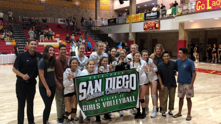 Volleyball holds up their CIF D2 banner. The Bobcats savored this moment but went right into preparing for State.