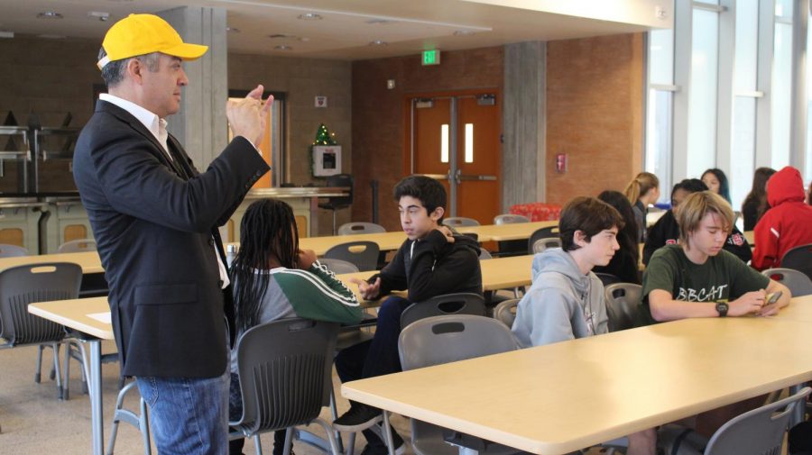 Principal Morales snaps a picture of the eight graders and Shadow Cat ambassadors early in the morning. Soon after, Morales gave a speech about the purpose of Shadowcats.