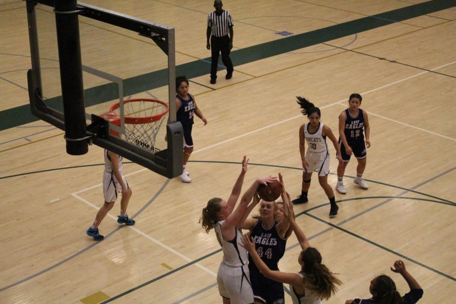 Junior Claire Perhach blocks an opposing player as she goes up for a layup. Perhach is a vital part of the defense providing a strong presence down low. 