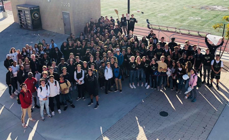 Student-athletes from all grades gather on the athletic mall for the Student-Athlete Advisory Committee’s campus cleanup. After school, Monday marked the committee’s first campus outreach to beautify Sage Creek. The committee was made earlier this year so that Athletic Director Cory Leighton could be in better communication with student-athletes. 