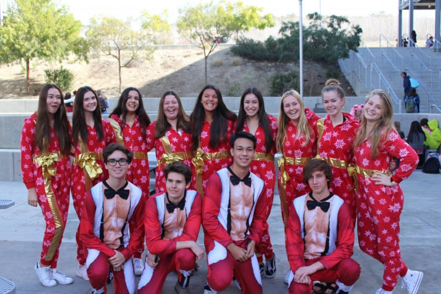 A group of seniors pose for a picture wearing matching pajamas. Monday was pajama day and the first day of Sage Creek’s spirit week. 