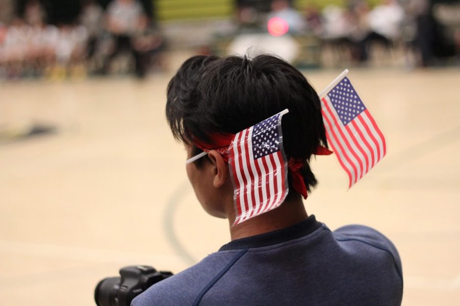 Bryant Kitisin dresses in red, white and blue for the USA themed basketball game. Last Friday, boys basketball lost with a score of 53-49. 