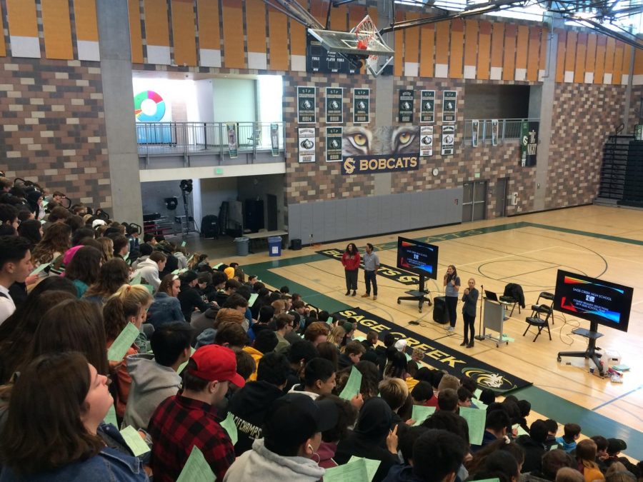 Sophomores gather in the gym to learn more about selecting their courses for junior year. The counselors shared information regarding how students should select their courses as well as the courses available to students. 