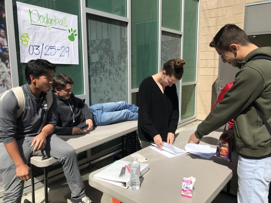 Junior Miguel Rojas turns in his team’s dodge ball sign-up sheet during lunch. Through March 11- 15, ASB had student sign-ups at lunch for their annual dodge ball tournament that will be held March 25-29.