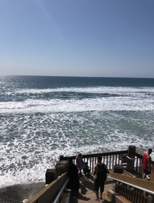 The waves reach between four to six feet high at Grandview Beach on this beautiful, sunny day in Encinitas. If you’re looking to surf on this fine day, Encinitas is the way to go, as Tamarack down to Oceanside only reach three to five feet high. 