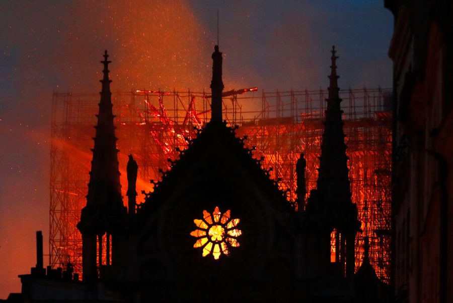 Notre Dame late the night of the fire. At this point, the spire had fallen and the roof had collapsed in on itself, landing inside the cathedral.