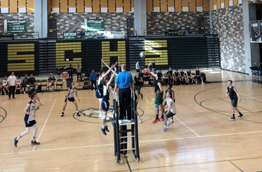 Sage Creek rallies the ball back and forth before hitting it over the net. On Friday, March 22, boys volleyball competed against La Costa Canyon winning 3-0.