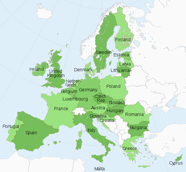 This map shows the EU as it currently stands. It contains 28 European nations, and the UK (Britain, Scotland, Northern Ireland and Wales) which is in a slow and painful the process of leaving the governing body. Ireland also poses a difficulty as part of the island would remain in the EU.