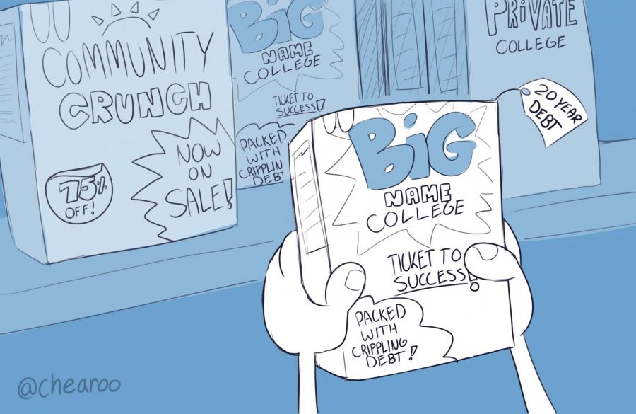 Cereal boxes labeled with "Big Name College" and "Community Crunch" are presented to a shopper. This shows the misconception that if you don’t go to a certain school with the best reputation, you will not be successful.