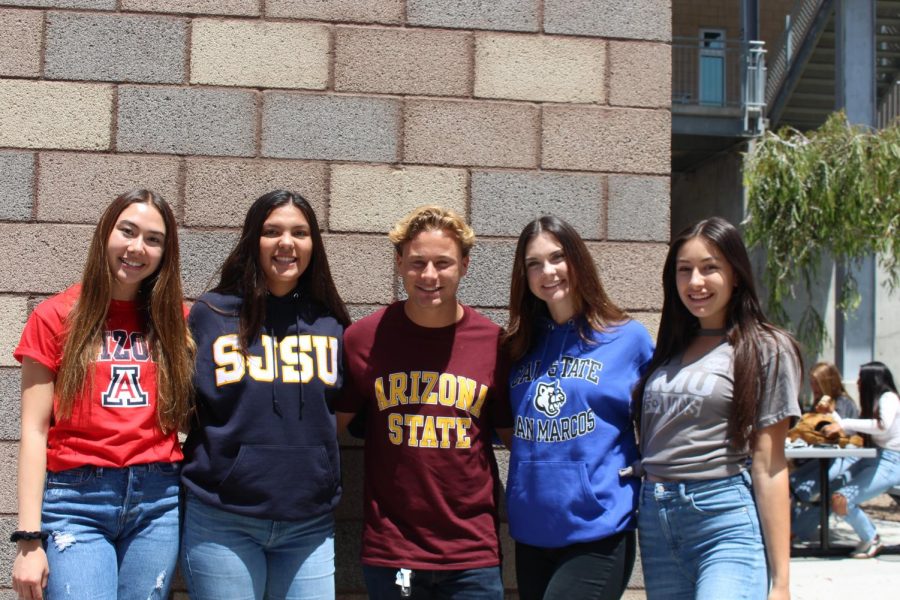 Seniors rep their favorite college gear on National College Commitment Day, May 1. Left to right: Alexis Petty, Tori Cudal, Steve Ellingson, Sydnee Kerekffy and Olivia Mejia.