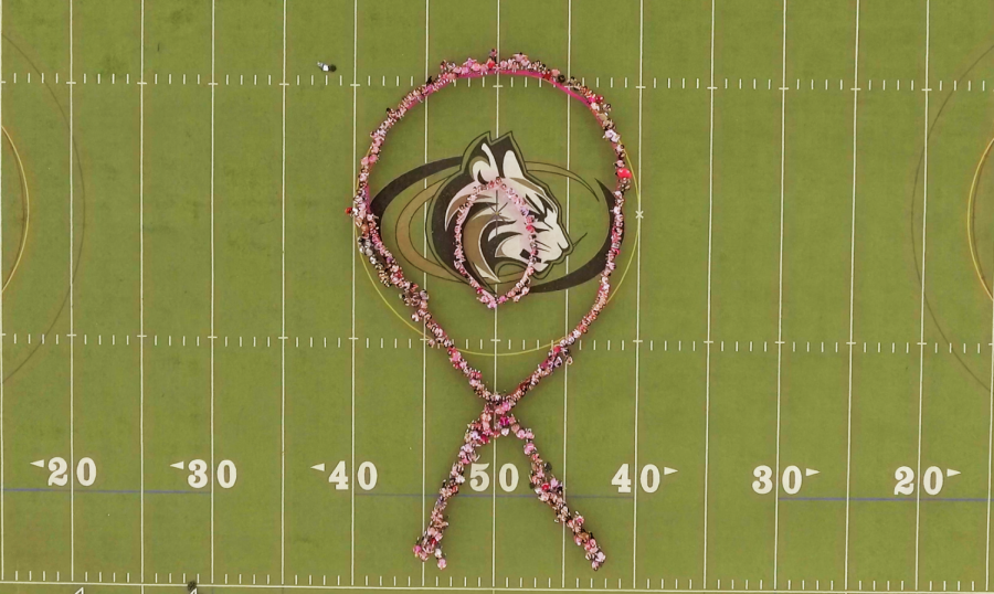 Everyone celebrated Mrs.Olivia by making a pink ribbon on the athletic field. On Thursday, she successfully underwent surgery for breast cancer.