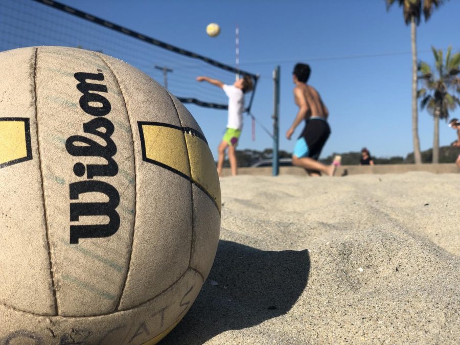 Sophomore Marcus Delker and junior Nolan Mejia battle against Carlsbad High School in the crosstown rivalry scrimmage. They played at the “Warm Waters” volleyball courts on Tuesday, Sept. 17.