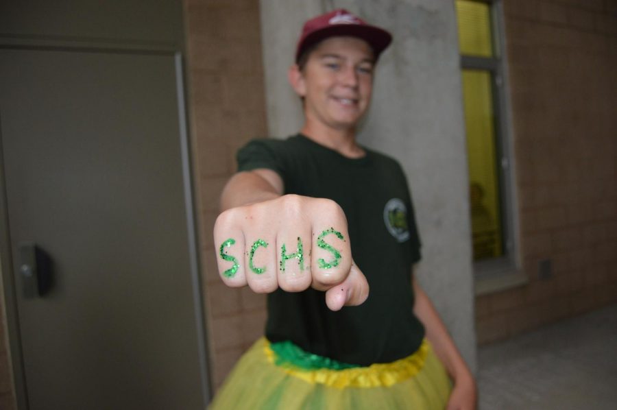 ASB Junior, Danny Higley, shows a fistful of spirit before heading to the ASB Conference on Wednesday. This is Danny’s first year in the class and he enjoyed getting spirited and going to his first conference.
