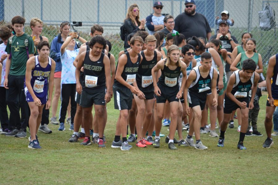 The boys cross country team toe the line at the Dana Hills Nike Invitational. The boys placed second overall. 