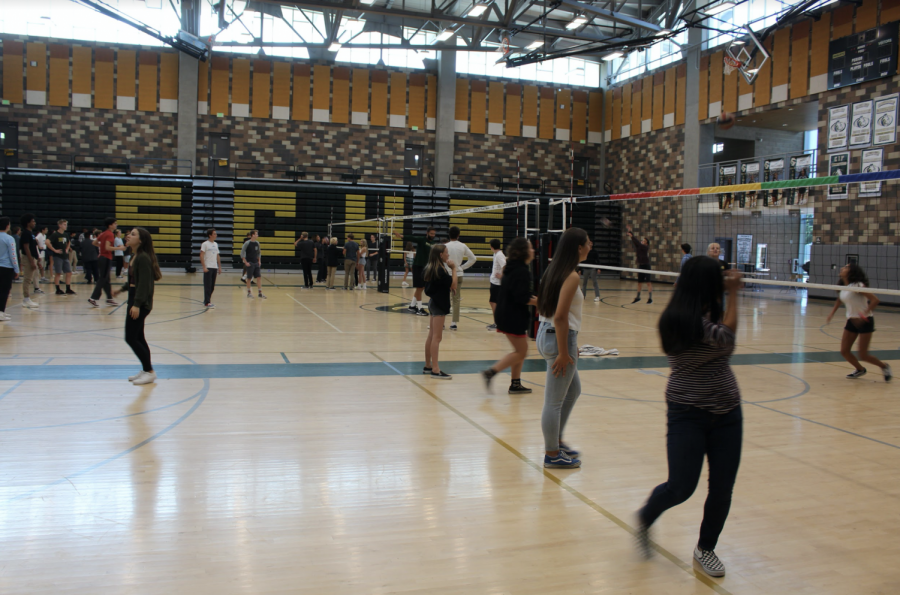 Students play volleyball in the gym during lunchtime. Most days at lunch, the gym is open for everyone to play volleyball.