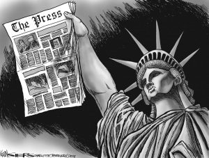 The Statue of Liberty upholding the newspaper to symbolize America's freedom of press. The topic of freedom of press dates all the way back to the creation of the printing press and carries on as a relevant topic into the modern day.