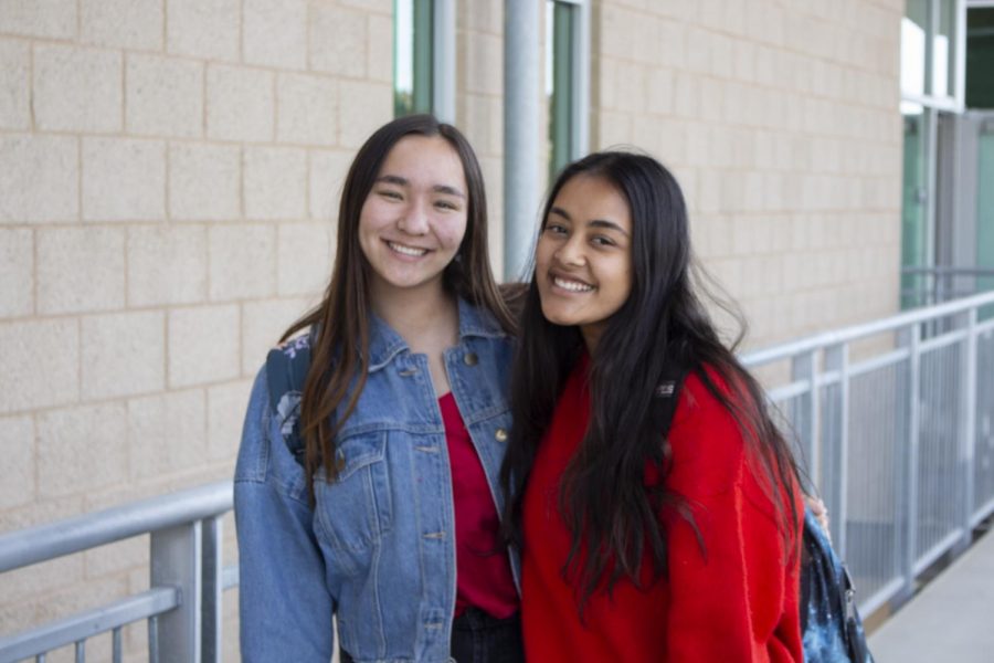 Juniors Charlotte Wiggins and Miral Ahmed show off their spirit wear for Wednesday’s theme: class colors.