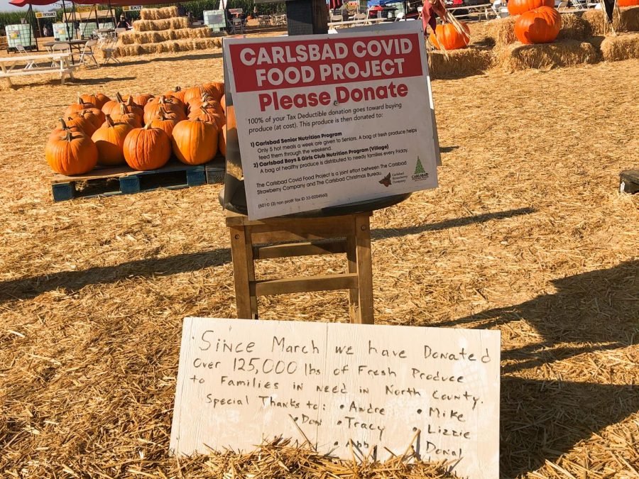 A sign describing what the Carlsbad COVID Food project is and its impact on North County. Since March of 2020, the Carlsbad Strawberry Company has been donated and delivered over 125,000 lbs of locally grown fresh produce to the most vulnerable populations to the virus. 
