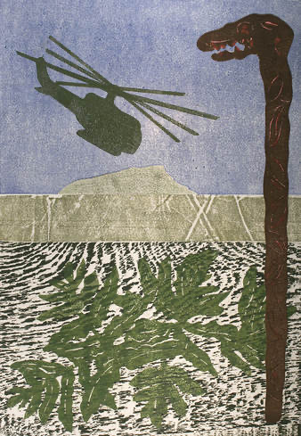 The image shows a helicopter flying over Vietnam. The painting was made in honor of an interview with Hougesen to auction the prints off for money. 