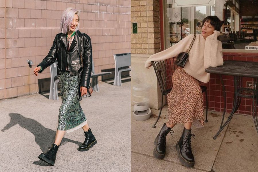 Two women show off their fall outfits in street style photos. They both wore Doc Martens Smooth Leather Boots styled with long skirts and warm jackets for fall.