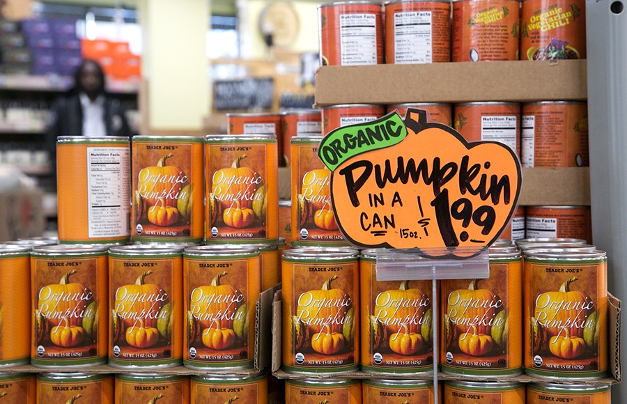 The quintessential food item featured at Trader Joes in the fall: Pumpkin in a Can. Trader Joe's is the go-to place to find fall food essentials, including necessities like Spiced Cider, Cranberry Sauce, Stuffing Mix, and more.