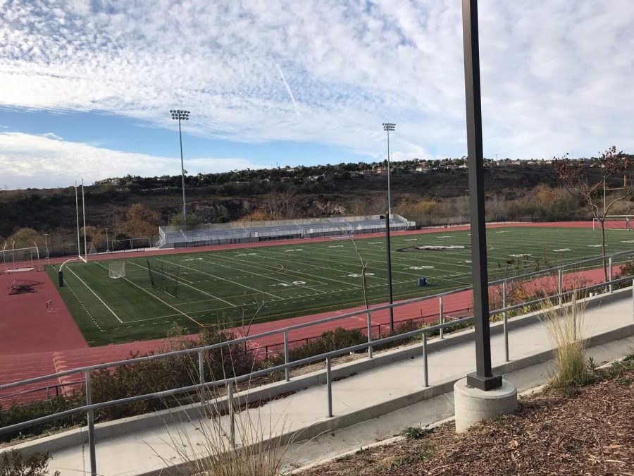 The track lays empty before track practice. Many sports including XC and track have been allowed to resume in-person practice.