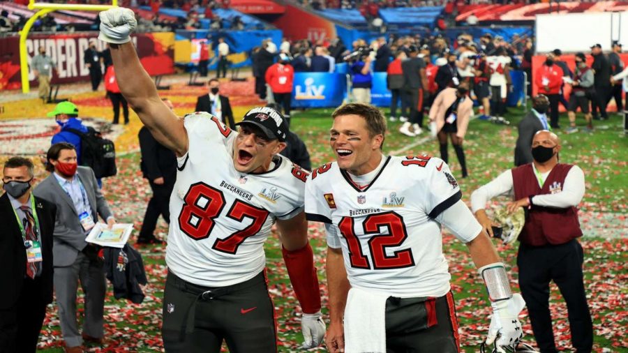 The Buccaneers celebrate taking the win at Super Bowl LV, making Tom Brady's seventh Super Bowl win. The Buccaneers celebrated their triumph over the Chiefs, bringing the final score to 31-9. 