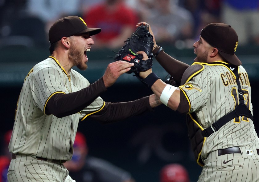  Padres pitcher Joe Musgrove and catcher Victor Caritini celebrate after throwing a no-hitter. The no-hitter is the first in padres history, coming against the Texas Rangers at Arlington. 