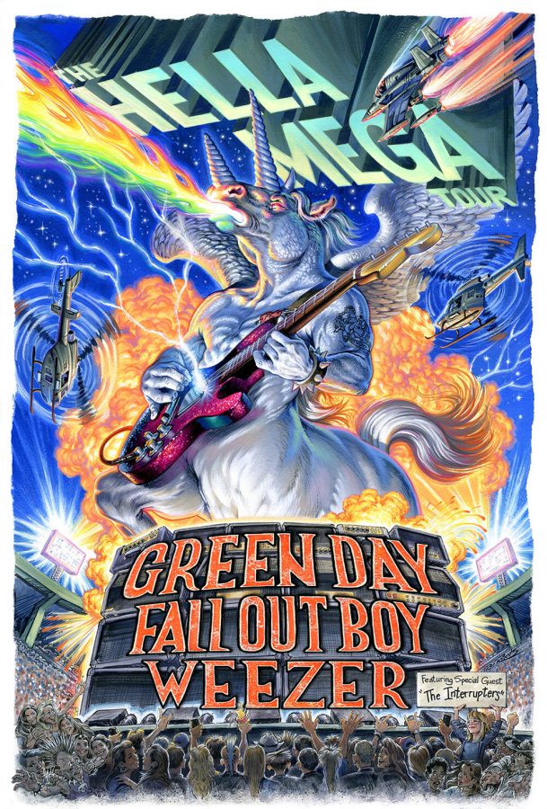  A large horse performs in front of a massive crowd as explosions and helicopters circle the area. This poster serves as the official Hella Mega Tour poster as it presents the three main attractions, Green Day, Weezer and Fall Out Boy, as well as their special guest band, The Interrupters. 