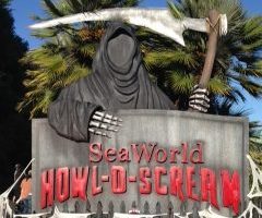 SeaWorld Howl-O-Scream sign greets guests as they walk in for a perfect photo opportunity. SeaWorld San Diego hosts its first ever Howl-O-Scream event. 