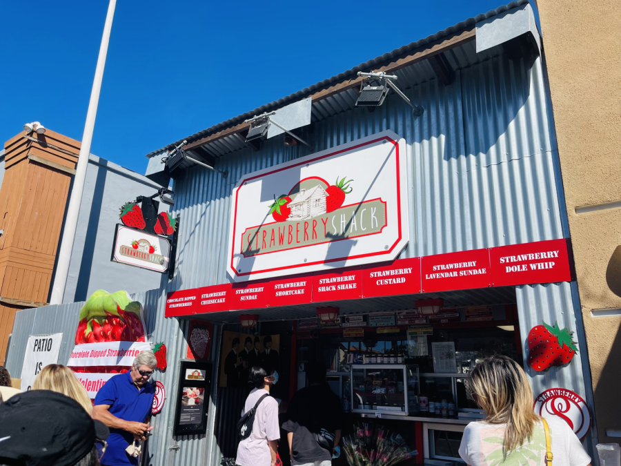 Customers stand in line to order strawberry-flavored desserts from The Strawberry Shack. The tiny business is located next to The Witch Creek Winery in the Carlsbad Village.