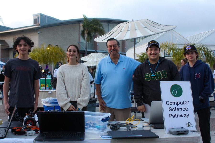 Computer science students and CTE-computer science teacher Saied Moezzi lay out a variety of their projects. The Computer Science Pathway offers the opportunity to learn about coding, primarily focusing upon Python.