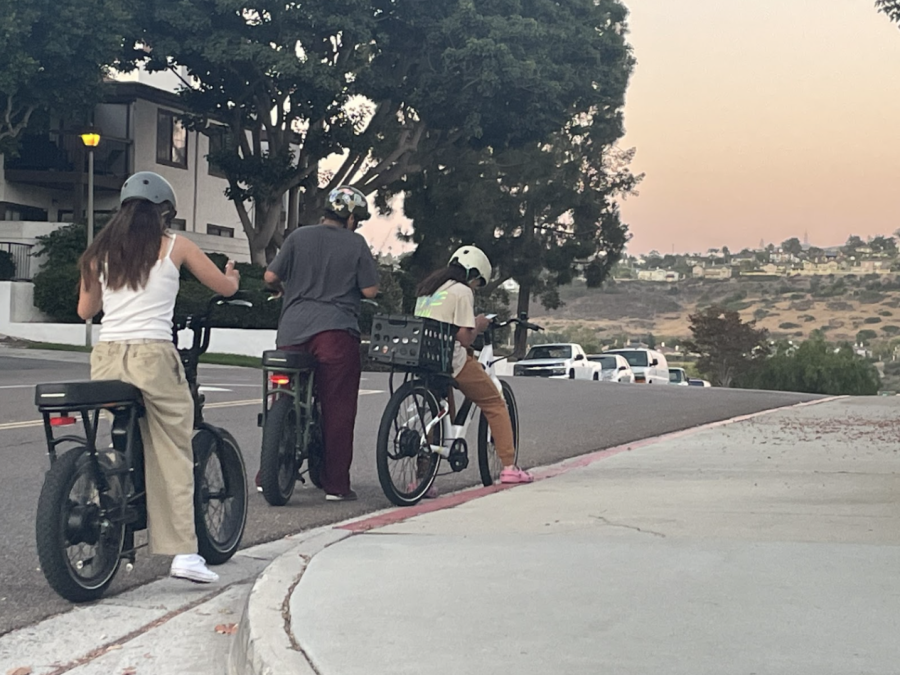 Teenagers look at their phones after a long bike ride. While riding their bikes, the group decided to take a break to go on their phones. 