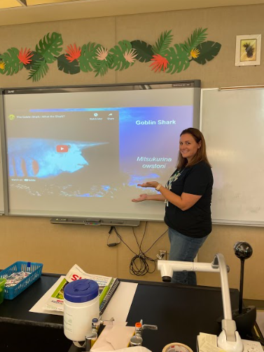 Founder of program, Courtney Goode, poses in front of the daily creature feature board. This day’s feature was on the goblin shark, one of the many unique creatures to learn about.

