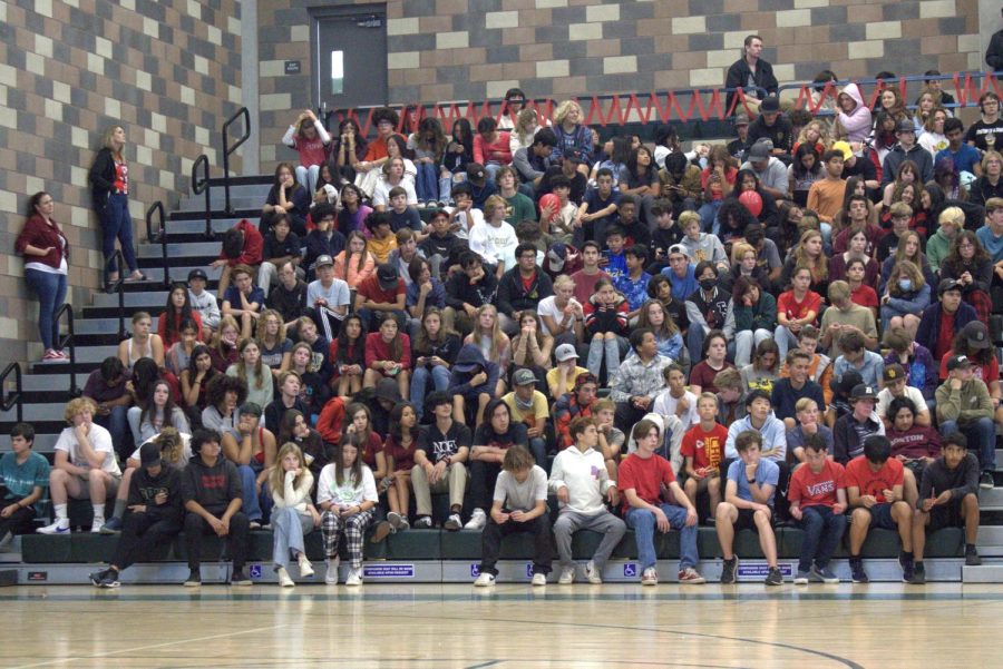 Sage Creek students listen to the presentation. The banners and handrails are decked in red ribbons to represent Sage Creek’s stance against drug use.