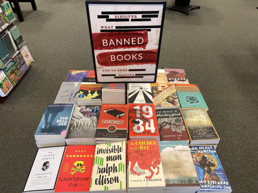 Banned books are presented within Barnes & Noble with a sign saying, “Discover what you’ve been missing.” A variety of books are presented including “Anna Karenina”, “Fahrenheit 451”, “1984”, “To Kill a Mockingbird” and “The Catcher in the Rye.”